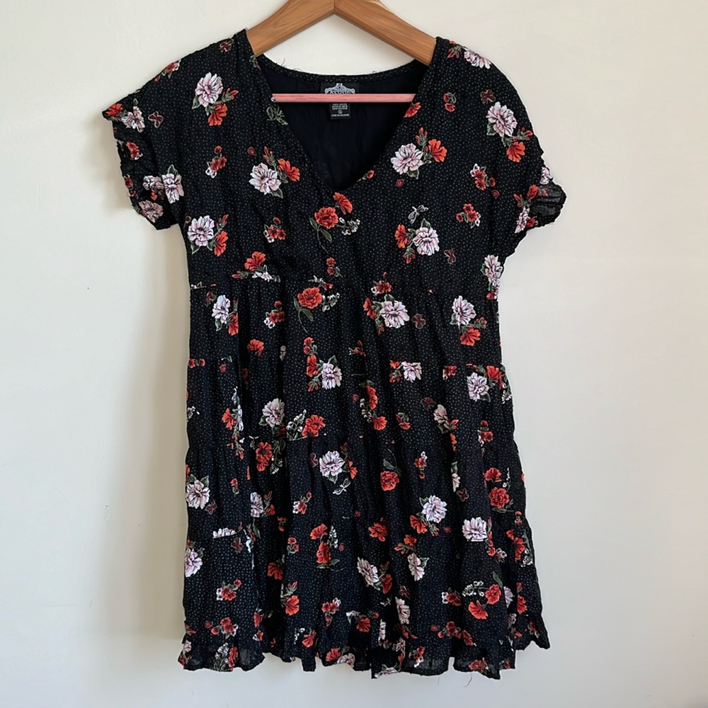 Angie Black Floral Print Mini Tiered Dress Size S
